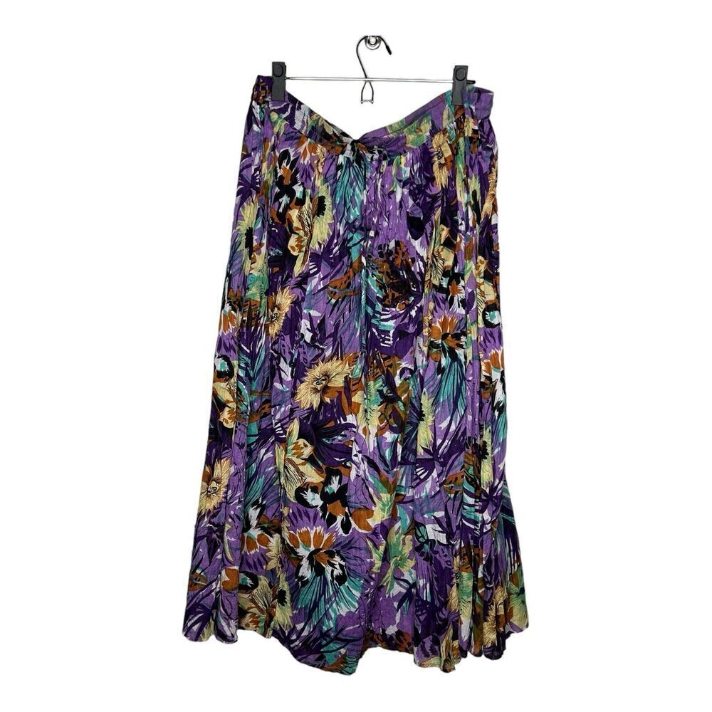 Studio West Skirt Womens XL Purple Floral Pull On Midi Flowy Drawstring Cotton